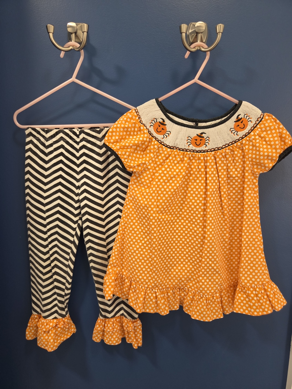 Emily Rose Orange Polka Dot Pumpkin Smocked Outfit with Black Chevron Leggings